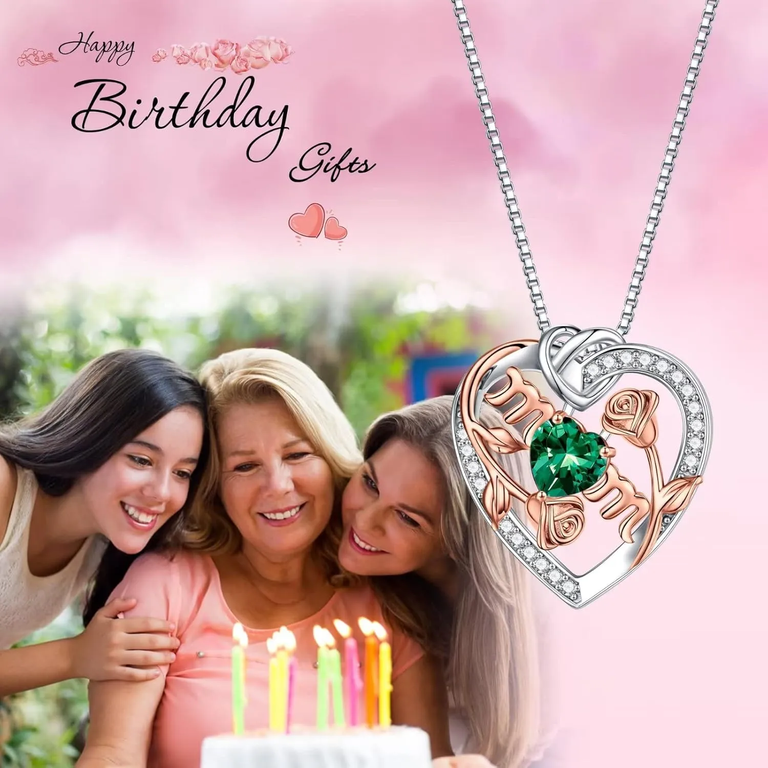 Iefil Rose Birthstone Gifts for Mom, S925 Sterling Silver Rose Heart Pendant Birthstone Necklace Mothers Day Valentines Day Birthday Jewelry Gifts for Mom