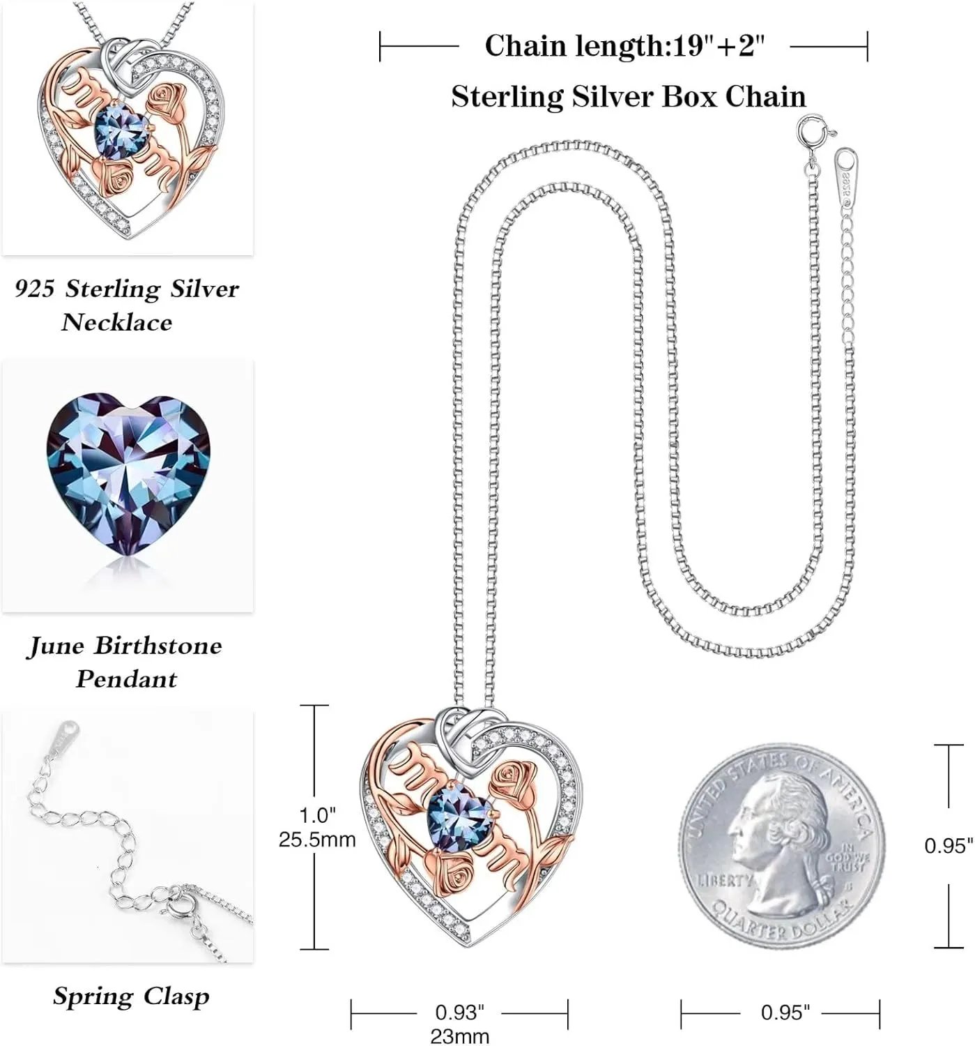 Iefil Rose Birthstone Gifts for Mom, S925 Sterling Silver Rose Heart Pendant Birthstone Necklace Mothers Day Valentines Day Birthday Jewelry Gifts for Mom