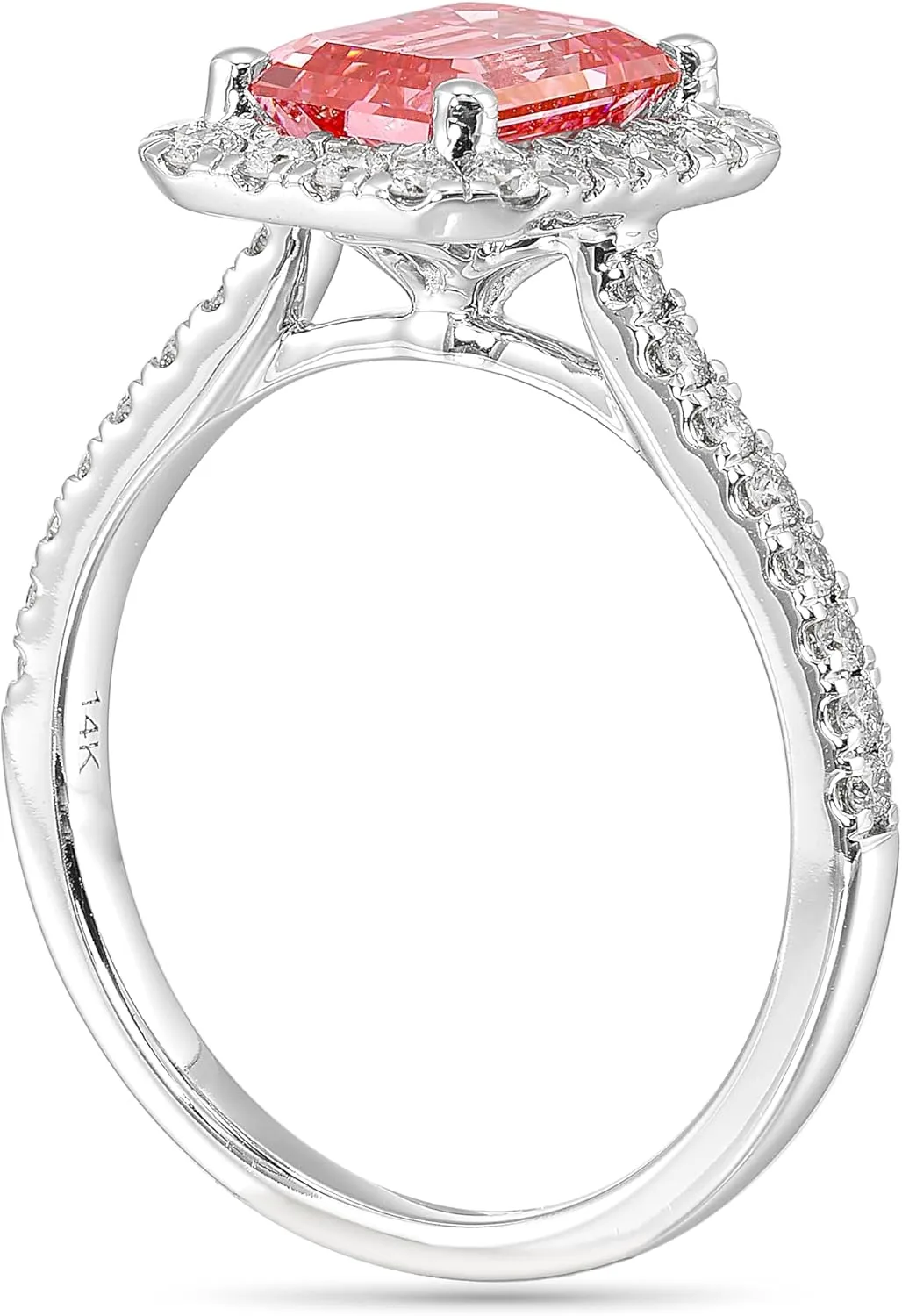 IGI Certified 2 1/2 Carat Emerald Cut Lab Grown Diamond Pink Halo Ring for Women I 14k White Gold Ring for Her Side Stones (G-H, VS1-VS2, 2.5 cttw) Anniversary Promise Ring Size 6 to 8