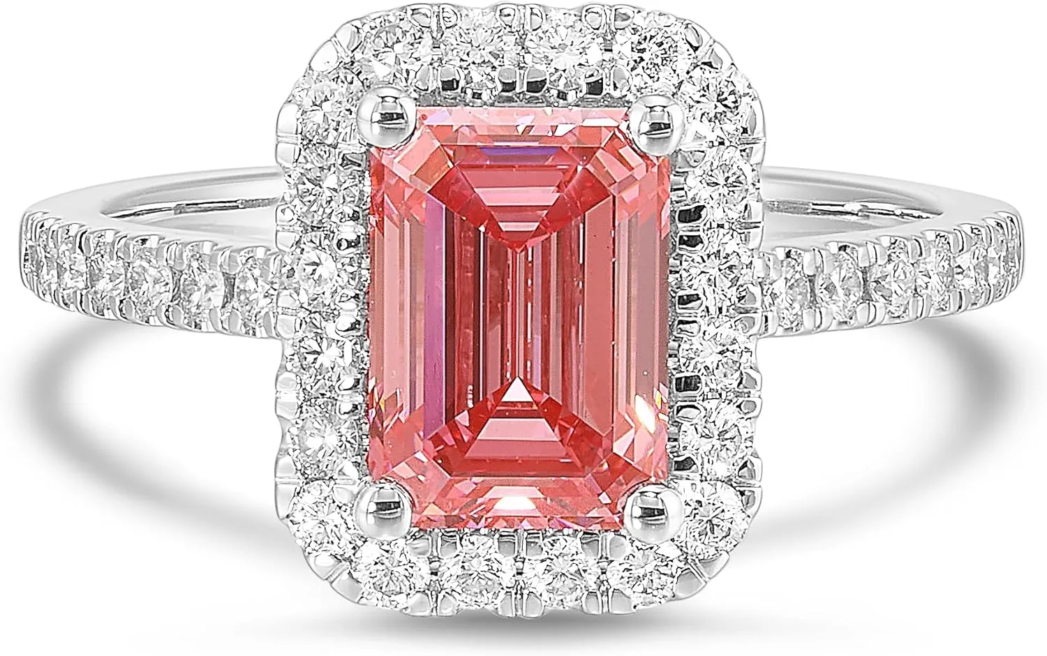 IGI Certified 2 1/2 Carat Emerald Cut Lab Grown Diamond Pink Halo Ring for Women I 14k White Gold Ring for Her Side Stones (G-H, VS1-VS2, 2.5 cttw) Anniversary Promise Ring Size 6 to 8