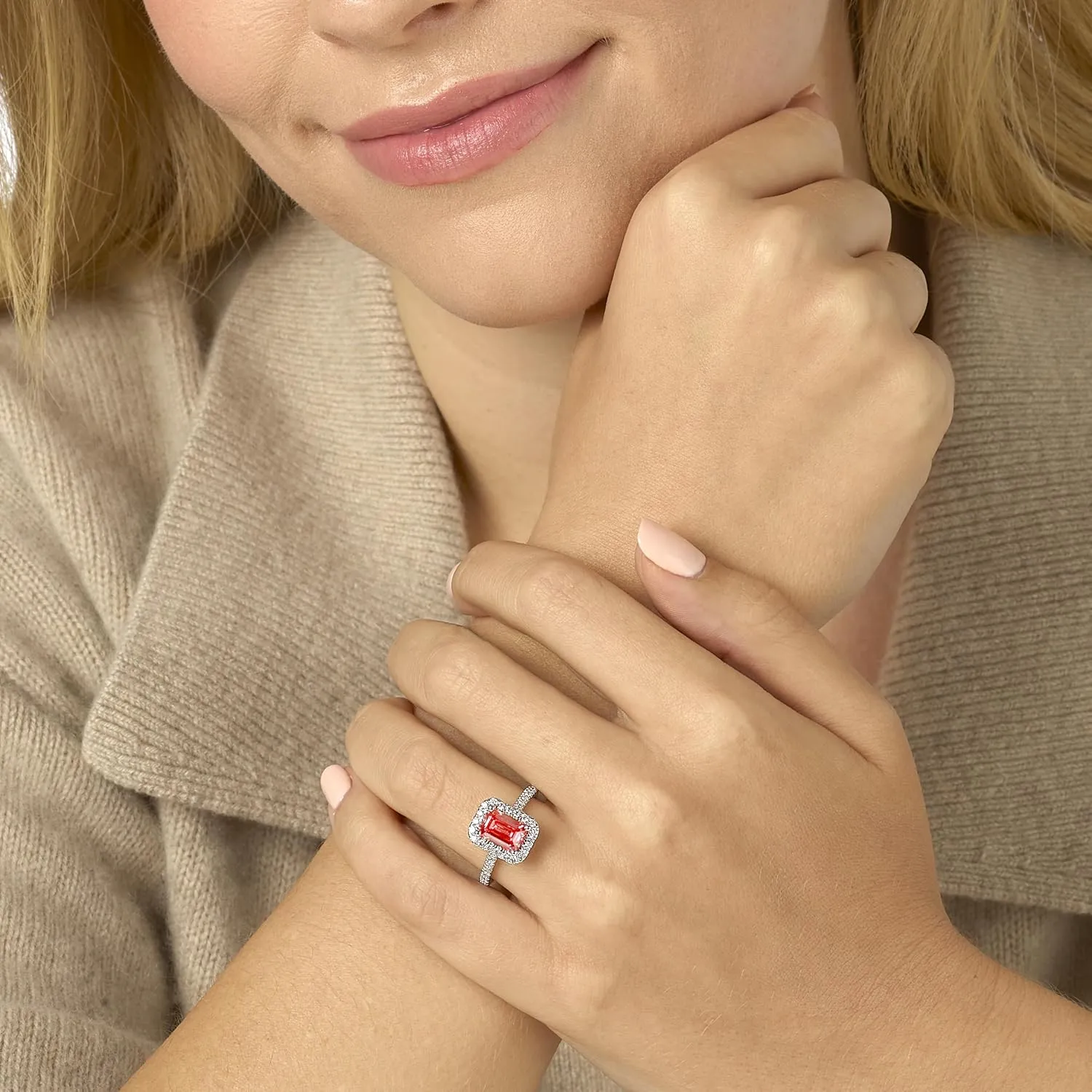 IGI Certified 2 1/2 Carat Emerald Cut Lab Grown Diamond Pink Halo Ring for Women I 14k White Gold Ring for Her Side Stones (G-H, VS1-VS2, 2.5 cttw) Anniversary Promise Ring Size 6 to 8