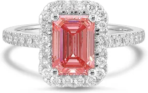 IGI Certified 2 1/2 Carat Emerald Cut Lab Grown Diamond Pink Halo Ring for Women I 14k White Gold Ring for Her Side Stones (G-H, VS1-VS2, 2.5 cttw) Anniversary Promise Ring Size 6 to 8