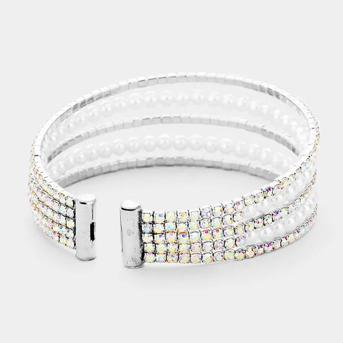 iLLASPARKZ 5Row Crystal Pave Pearl Cuff Evening Bracelet