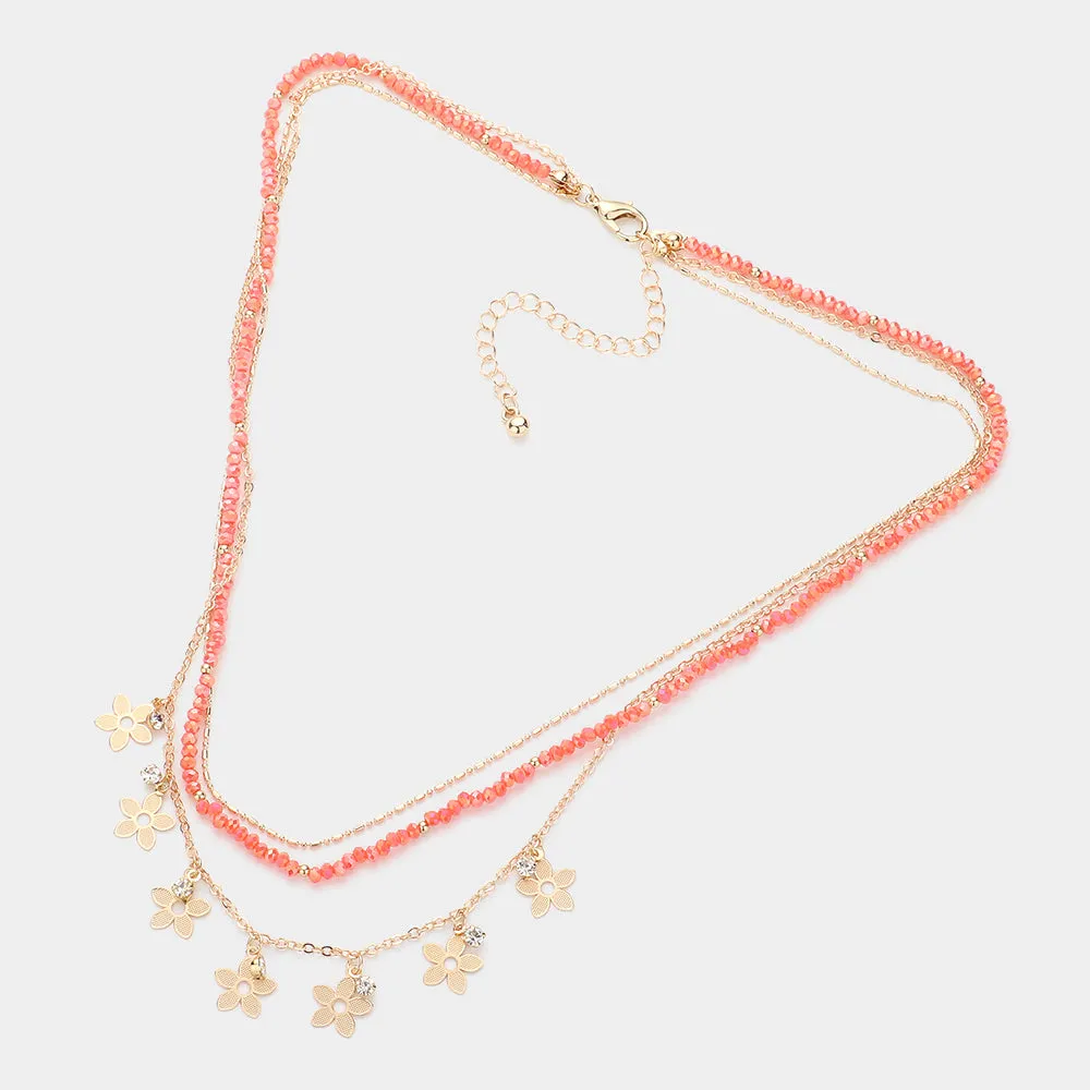 iLLASPARKZ Faceted Beaded Metal Chain Layered Flower Charm Station Necklace
