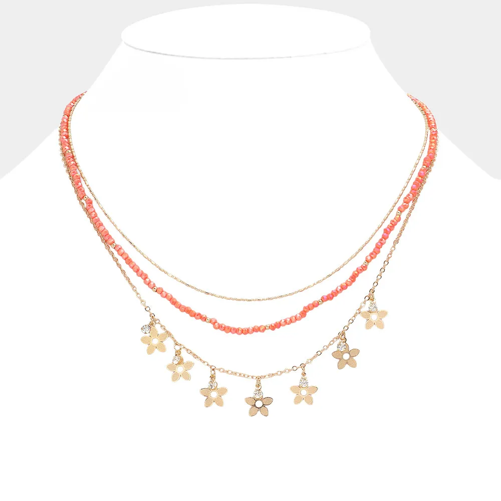 iLLASPARKZ Faceted Beaded Metal Chain Layered Flower Charm Station Necklace