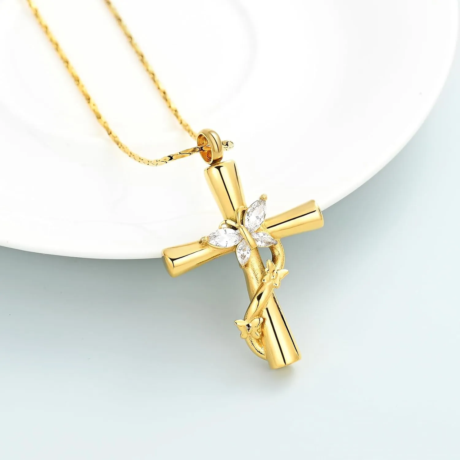 Imrsanl Urn Necklaces for Ashes for Women Cremation Jewelry Cross with Butterfly Memorial Ash Pendant Keepsake Jewelry Gifts for Loss of Loved One