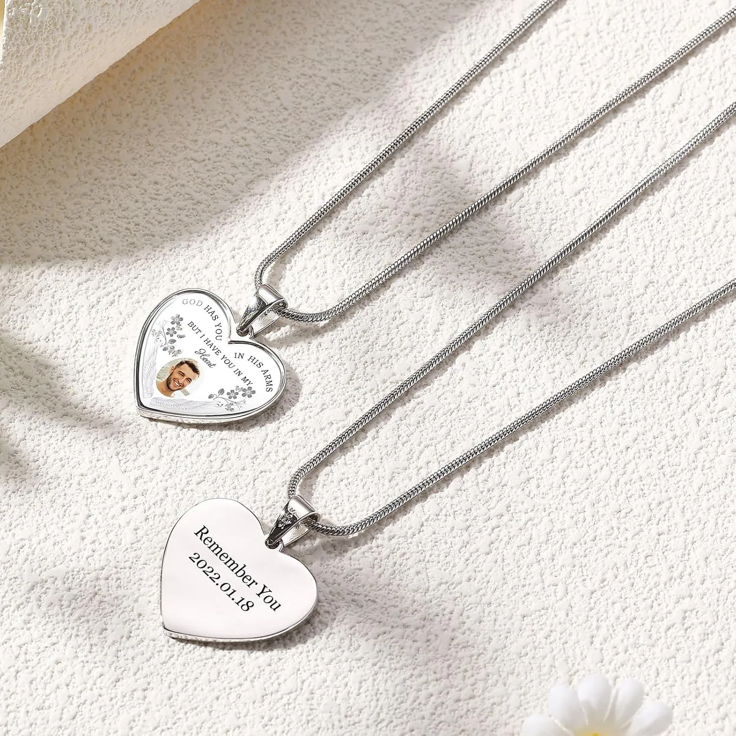 INBLUE Personalized Photo Memorial Necklace for Women Engraved Picture/Text 925 Sterling Silver Necklace Custom Rectangle/Heart Memory Necklaces with Picture Inside for Loss Loved Ones