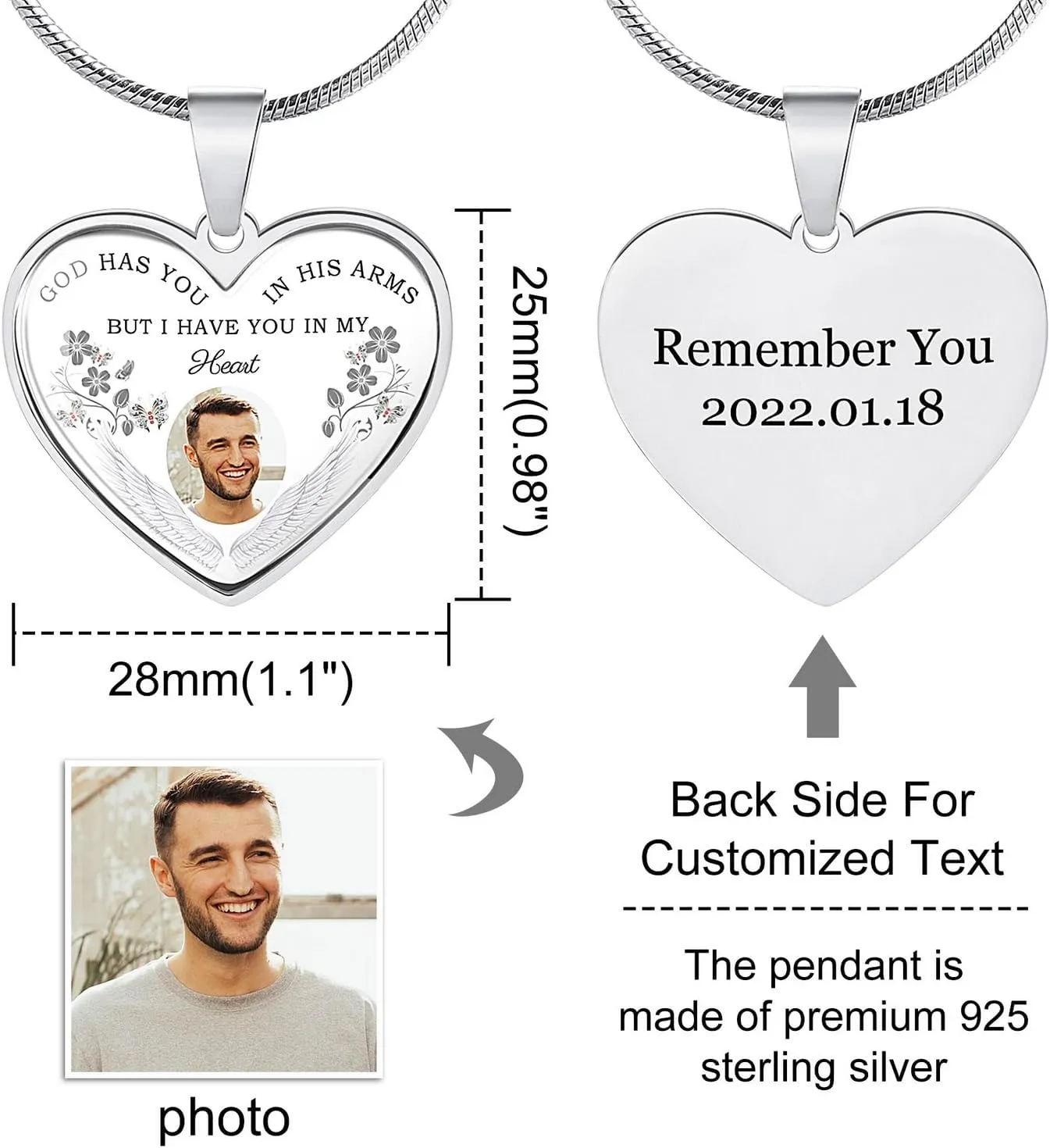 INBLUE Personalized Photo Memorial Necklace for Women Engraved Picture/Text 925 Sterling Silver Necklace Custom Rectangle/Heart Memory Necklaces with Picture Inside for Loss Loved Ones
