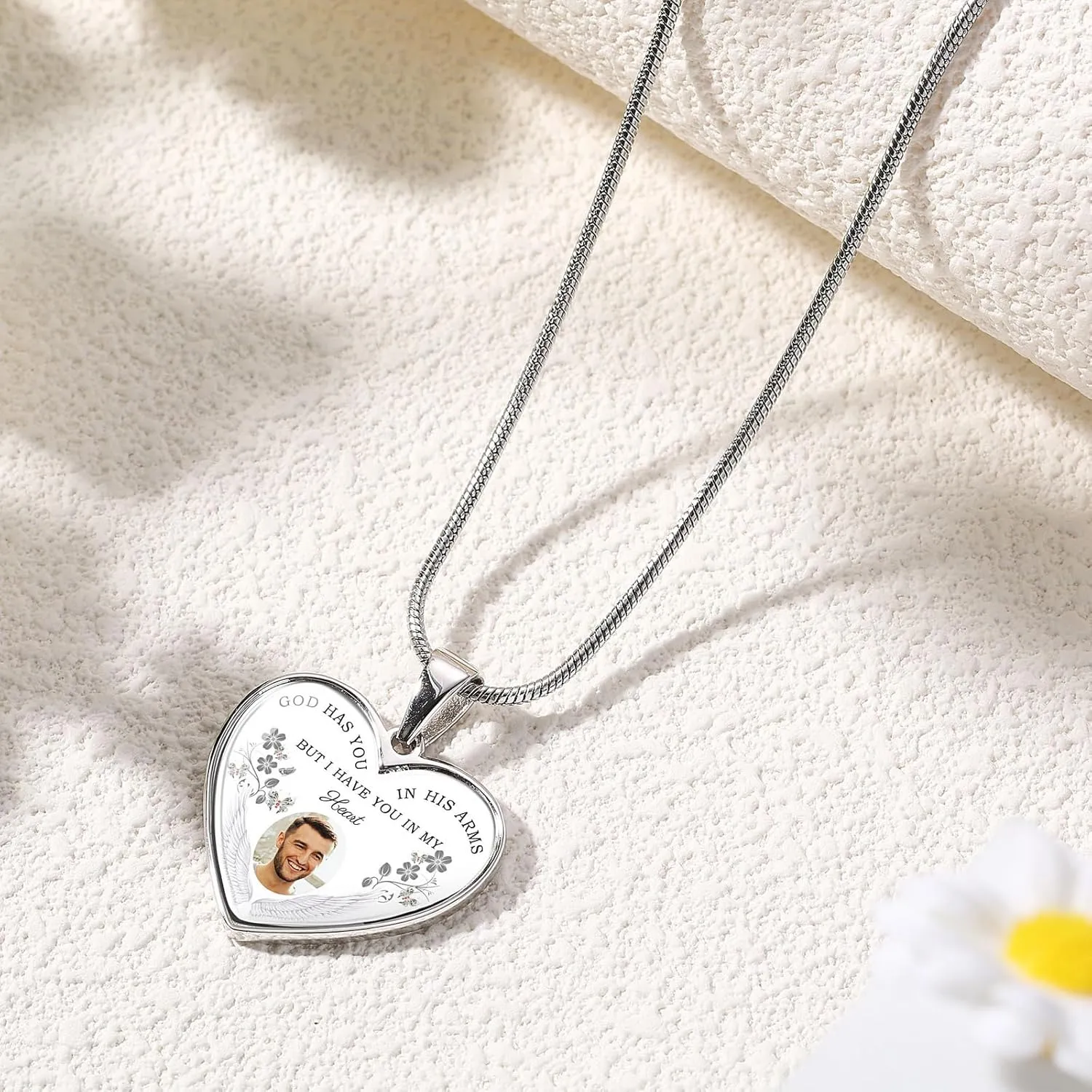 INBLUE Personalized Photo Memorial Necklace for Women Engraved Picture/Text 925 Sterling Silver Necklace Custom Rectangle/Heart Memory Necklaces with Picture Inside for Loss Loved Ones