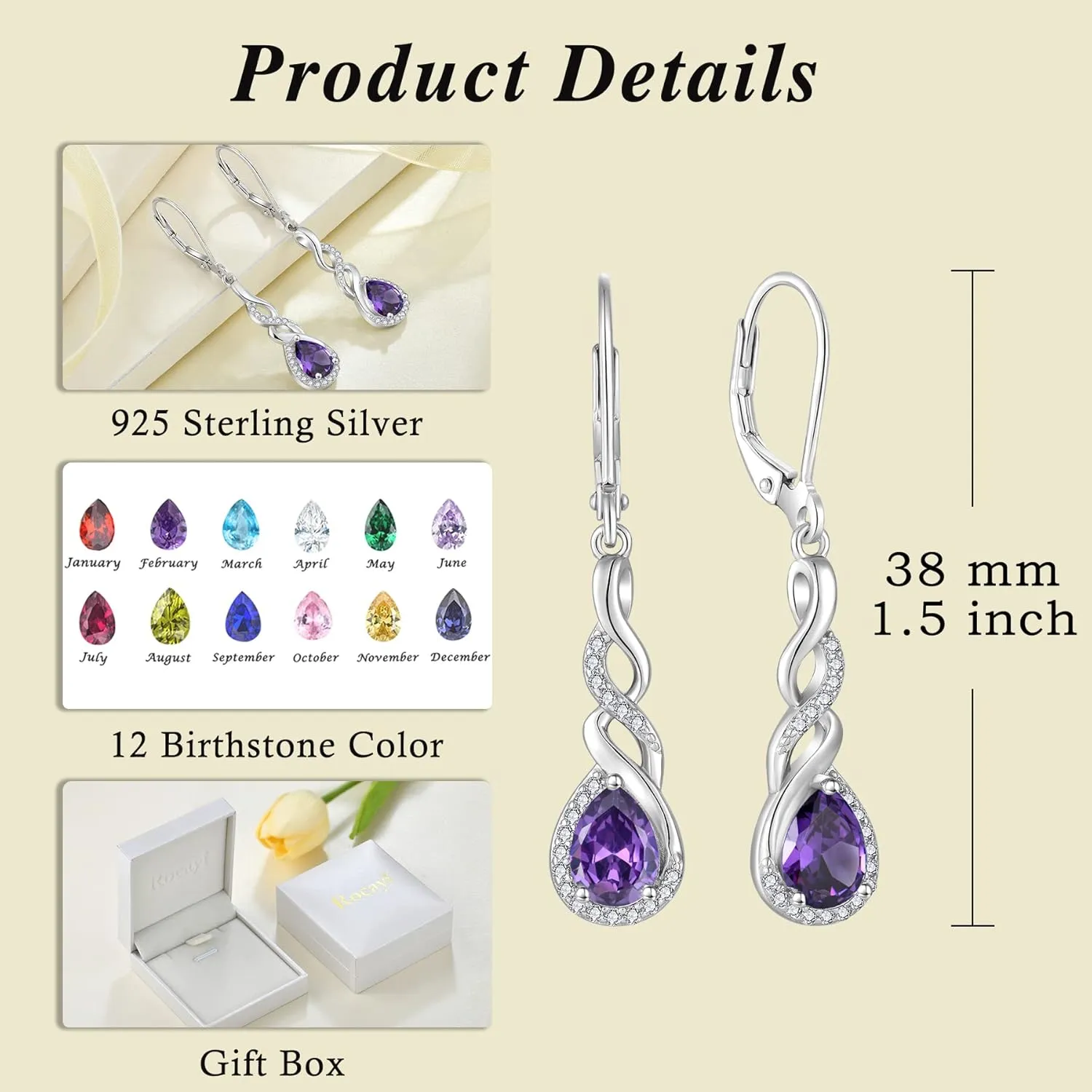 Infinity Dangle Drop Earrings for Women 925 Sterling Silver Teardrop Leverback Earrings Birthstone Jewelry Gifts for Women Wife Girlfriend Mother Daughter Her