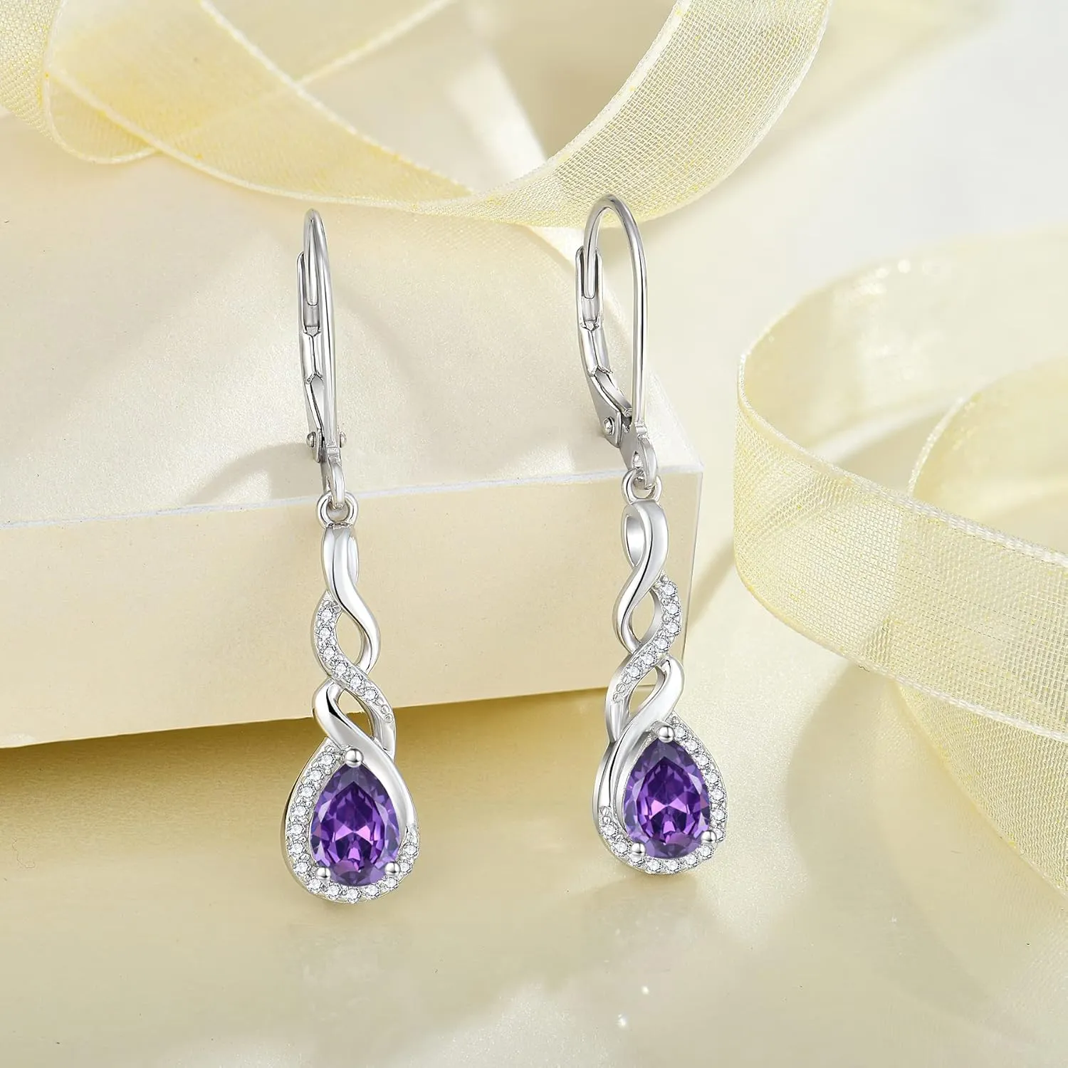 Infinity Dangle Drop Earrings for Women 925 Sterling Silver Teardrop Leverback Earrings Birthstone Jewelry Gifts for Women Wife Girlfriend Mother Daughter Her