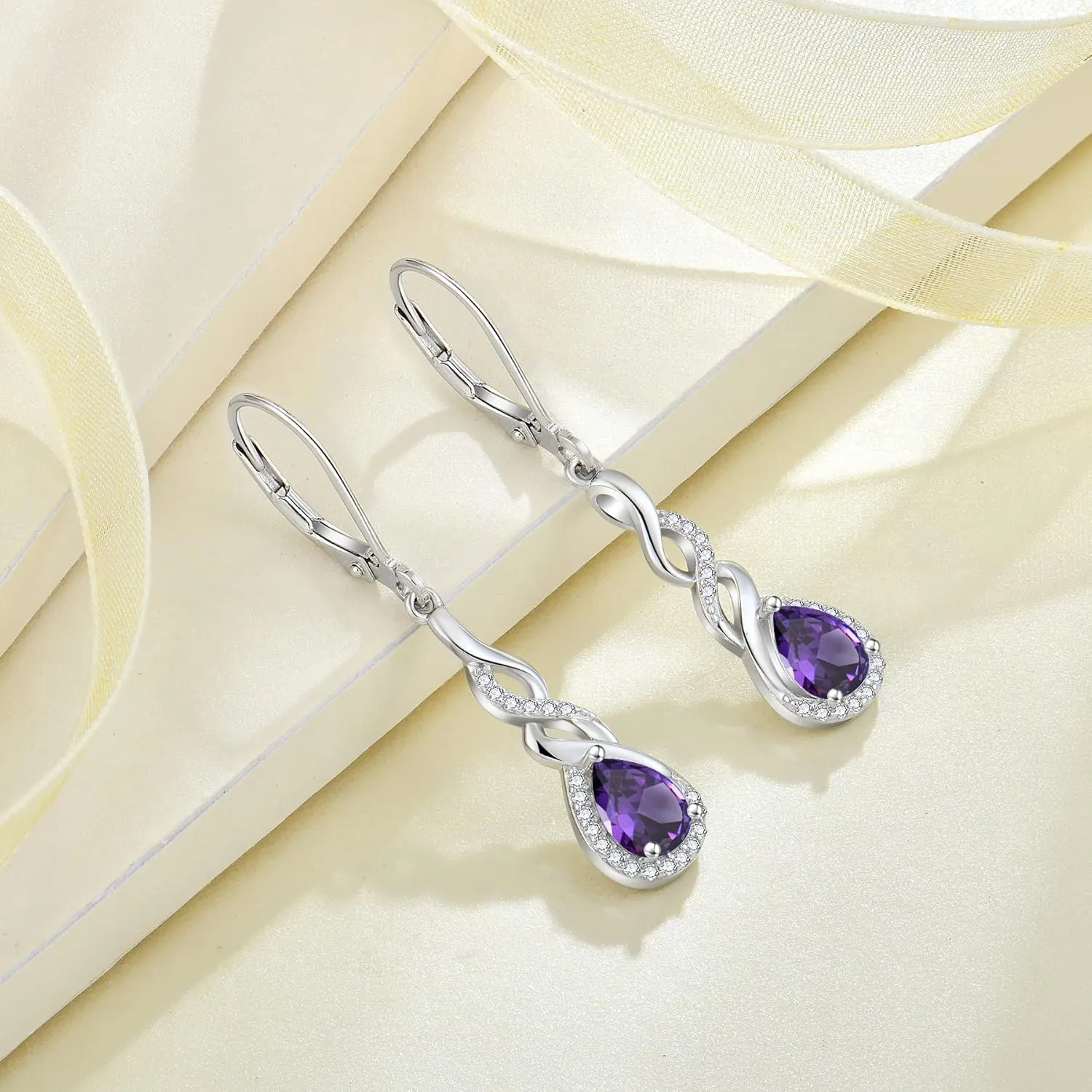 Infinity Dangle Drop Earrings for Women 925 Sterling Silver Teardrop Leverback Earrings Birthstone Jewelry Gifts for Women Wife Girlfriend Mother Daughter Her