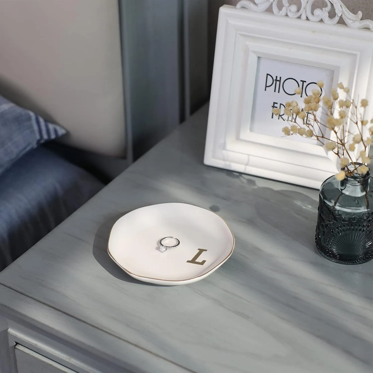 Initials Ring Dish Jewery Tray with personalized L-Monogrammed Gifts Wedding Engagement for Women Friends sister,Ceramic White