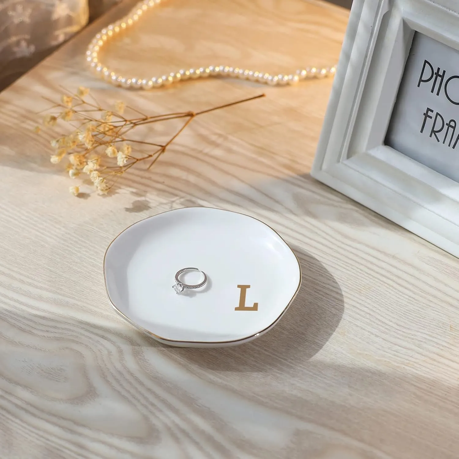 Initials Ring Dish Jewery Tray with personalized L-Monogrammed Gifts Wedding Engagement for Women Friends sister,Ceramic White