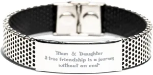 Inspirational Stainless Steel Bracelet, Mom & daughter A true friendship, Gift for Mom Engraved Message, Small, black