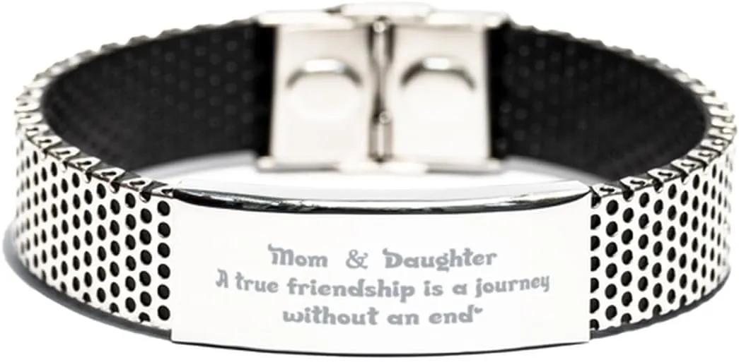 Inspirational Stainless Steel Bracelet, Mom & daughter A true friendship, Gift for Mom Engraved Message, Small, black