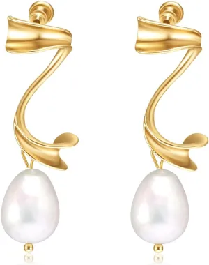 Irregular Pearl Drop Earrings for Women - Pearl Dangle Drop Earring, Flower Statement Earrings for Party, Wedding, Shopping, Dating Jewelry Gift