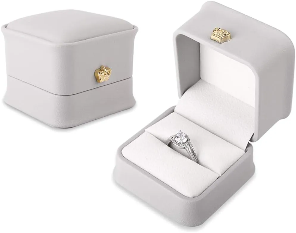 iSuperb 2 Pcs PU Leather Ring Box Couple Proposal Jewelry Gift Case Ring Earrings Jewelry Counter Display for Engagement Wedding (Gray ring box)