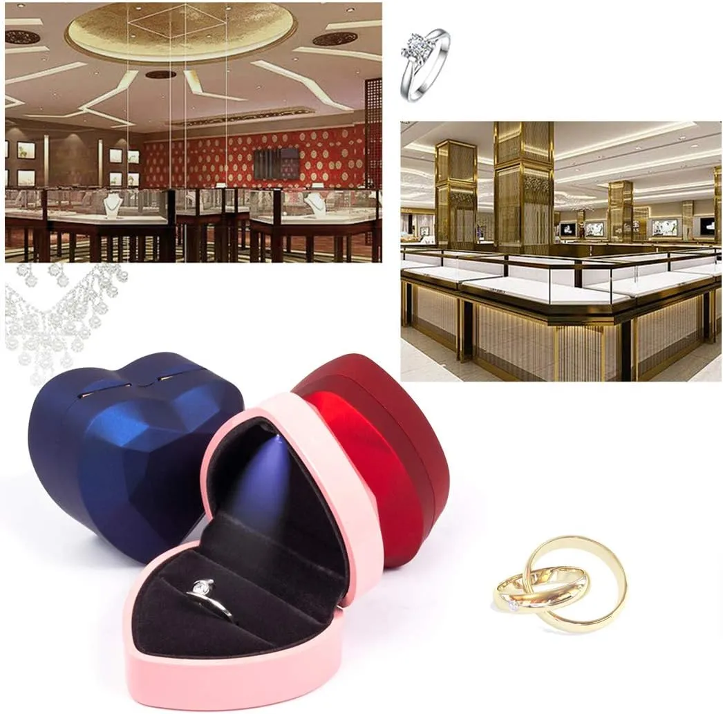 iSuperb Heart Shaped Ring Box LED Light Engagement Ring Boxes Jewelry Gift Box for Proposal Wedding Valentine's Day Anniversary Christmas (Black)
