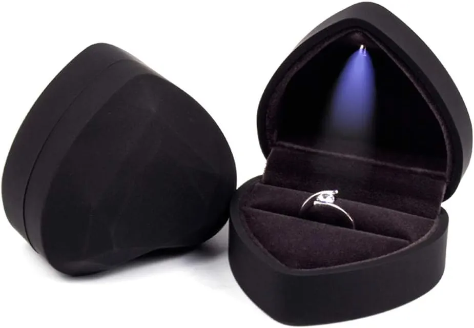 iSuperb Heart Shaped Ring Box LED Light Engagement Ring Boxes Jewelry Gift Box for Proposal Wedding Valentine's Day Anniversary Christmas (Black)