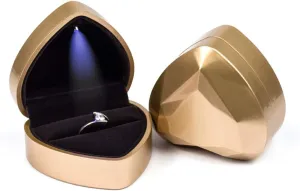 iSuperb Heart Shaped Ring Box LED Light Engagement Ring Boxes Jewelry Gift Box for Proposal Wedding Valentine's Day Anniversary Christmas (Golden)