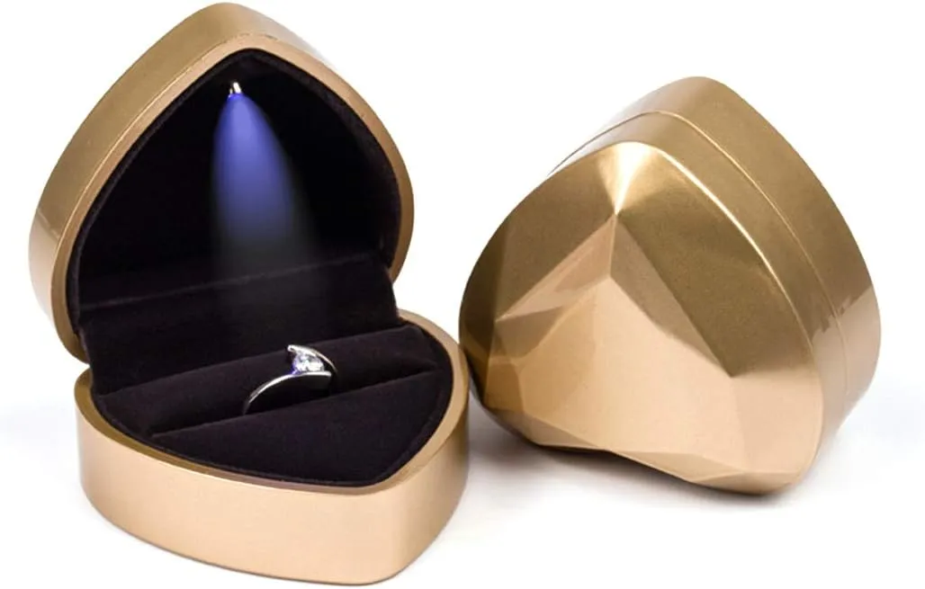 iSuperb Heart Shaped Ring Box LED Light Engagement Ring Boxes Jewelry Gift Box for Proposal Wedding Valentine's Day Anniversary Christmas (Golden)