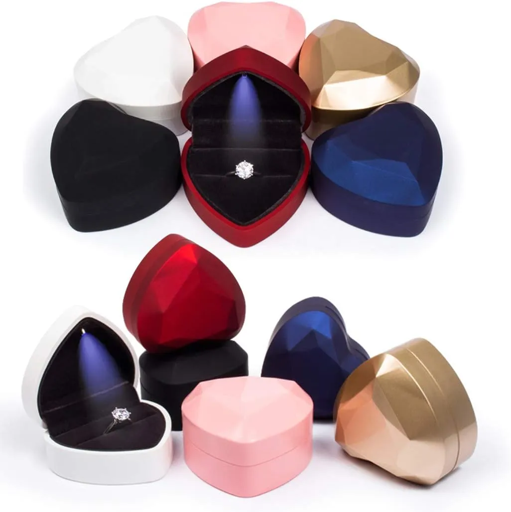 iSuperb Heart Shaped Ring Box LED Light Engagement Ring Boxes Jewelry Gift Box for Proposal Wedding Valentine's Day Anniversary Christmas (Pink)