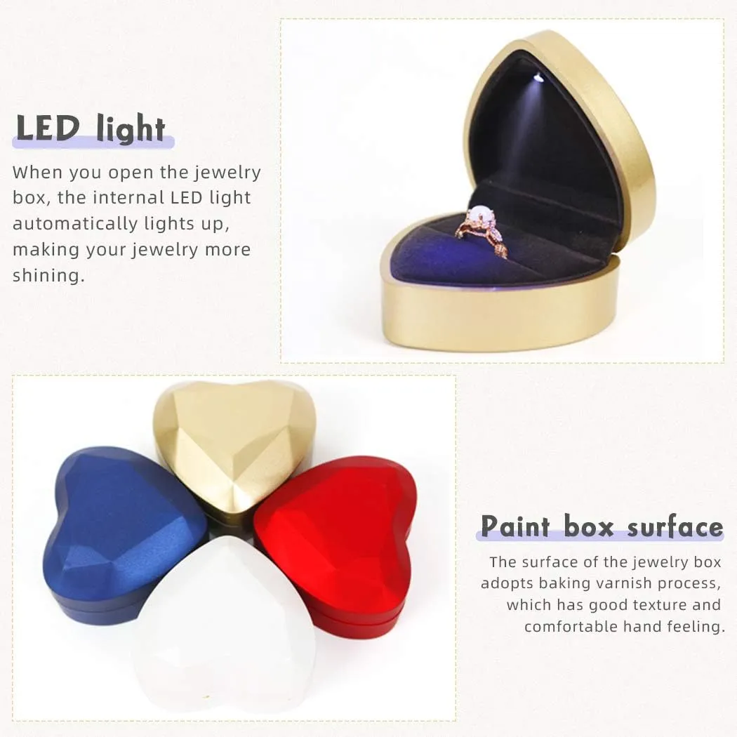 iSuperb Heart Shaped Ring Box LED Light Engagement Ring Boxes Jewelry Gift Box for Proposal Wedding Valentine's Day Anniversary Christmas (Pink)