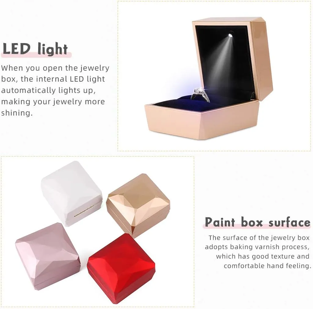 iSuperb Ring Box Proposal Engagement Square Ring Boxes with LED Light Case Jewelry Gift Box for Proposal Wedding Anniversary (Golden)
