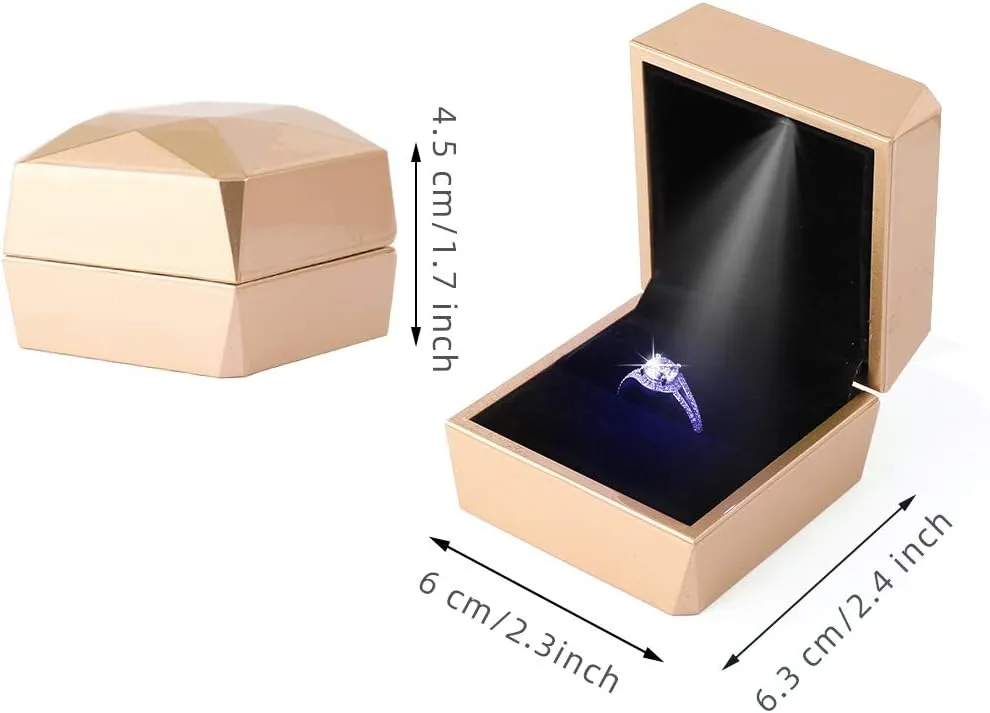 iSuperb Ring Box Proposal Engagement Square Ring Boxes with LED Light Case Jewelry Gift Box for Proposal Wedding Anniversary (Golden)