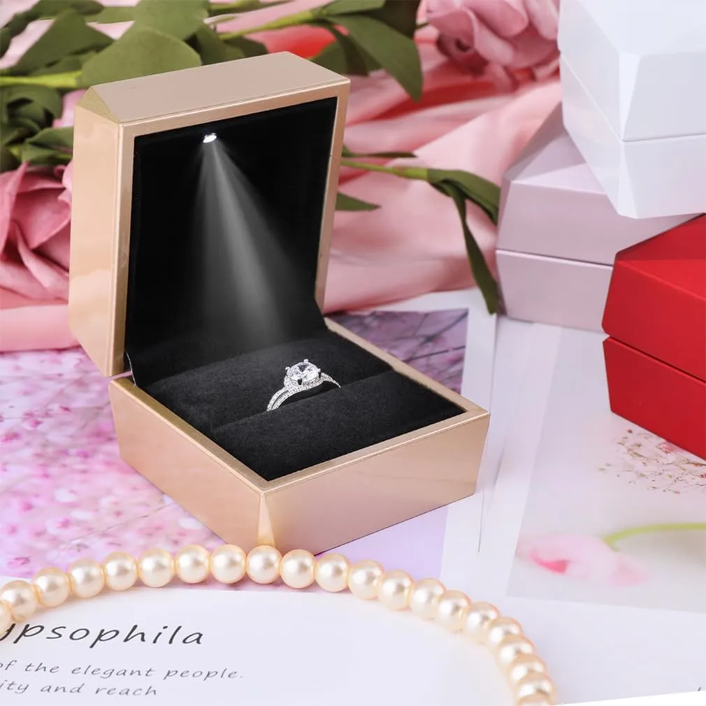 iSuperb Ring Box Proposal Engagement Square Ring Boxes with LED Light Case Jewelry Gift Box for Proposal Wedding Anniversary (Golden)