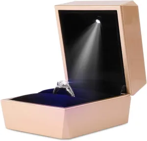 iSuperb Ring Box Proposal Engagement Square Ring Boxes with LED Light Case Jewelry Gift Box for Proposal Wedding Anniversary (Golden)