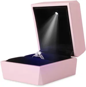 iSuperb Ring Box Proposal Engagement Square Ring Boxes with LED Light Case Jewelry Gift Box for Proposal Wedding Anniversary (Pink)
