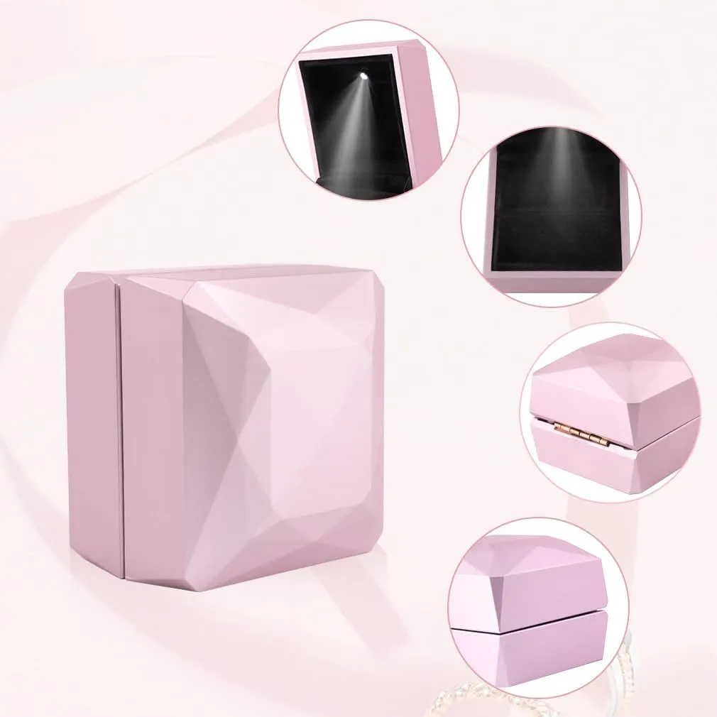iSuperb Ring Box Proposal Engagement Square Ring Boxes with LED Light Case Jewelry Gift Box for Proposal Wedding Anniversary (Pink)