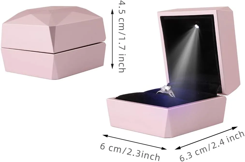 iSuperb Ring Box Proposal Engagement Square Ring Boxes with LED Light Case Jewelry Gift Box for Proposal Wedding Anniversary (Pink)