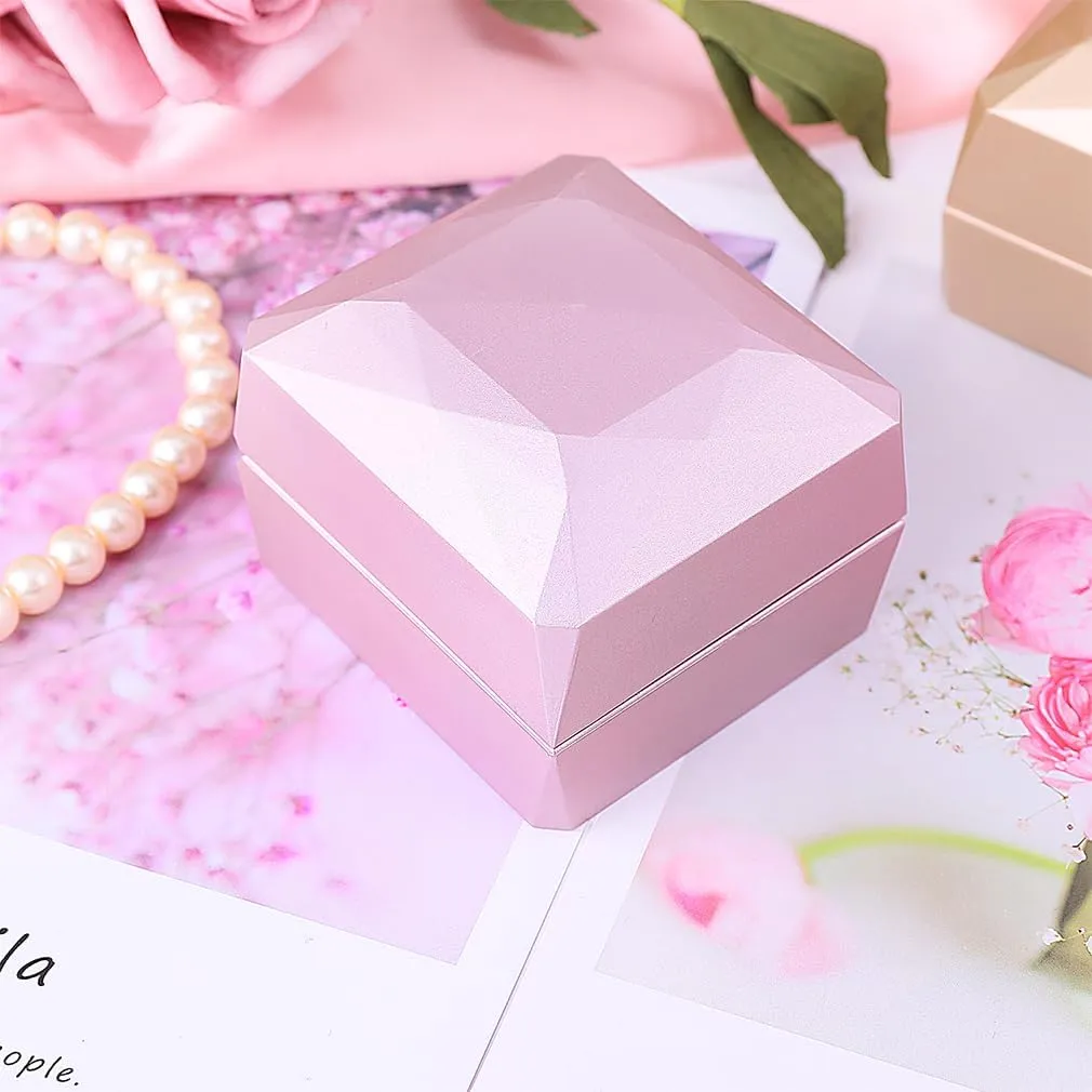 iSuperb Ring Box Proposal Engagement Square Ring Boxes with LED Light Case Jewelry Gift Box for Proposal Wedding Anniversary (Pink)