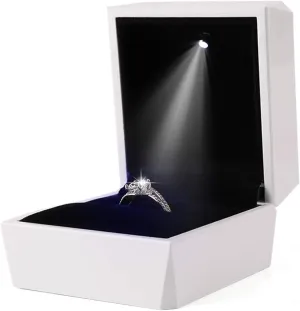 iSuperb Ring Box Proposal Engagement Square Ring Boxes with LED Light Case Jewelry Gift Box for Proposal Wedding Anniversary (White)