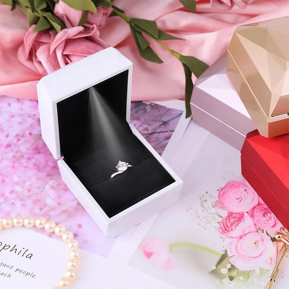 iSuperb Ring Box Proposal Engagement Square Ring Boxes with LED Light Case Jewelry Gift Box for Proposal Wedding Anniversary (White)