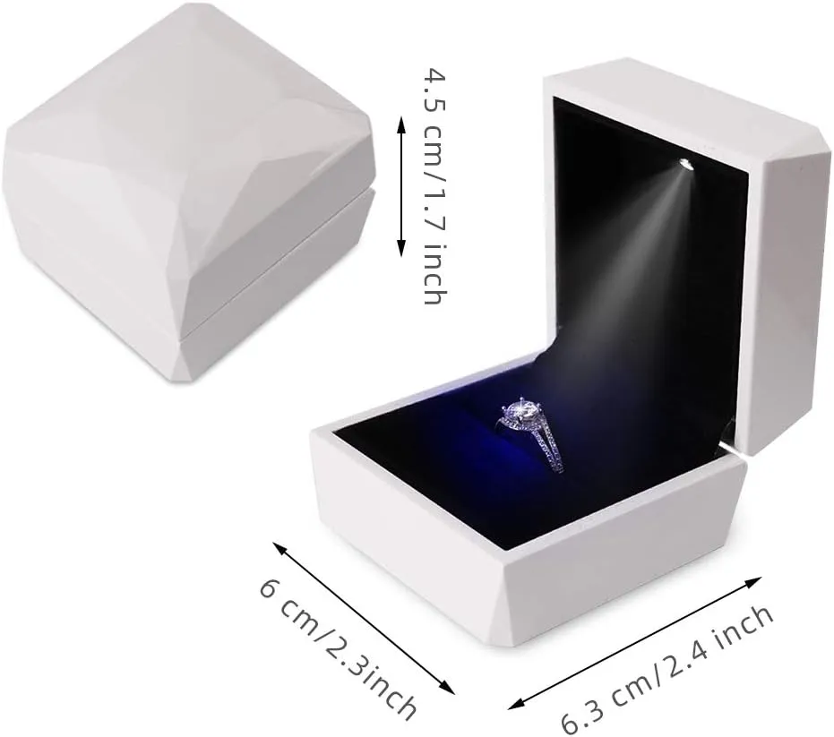 iSuperb Ring Box Proposal Engagement Square Ring Boxes with LED Light Case Jewelry Gift Box for Proposal Wedding Anniversary (White)