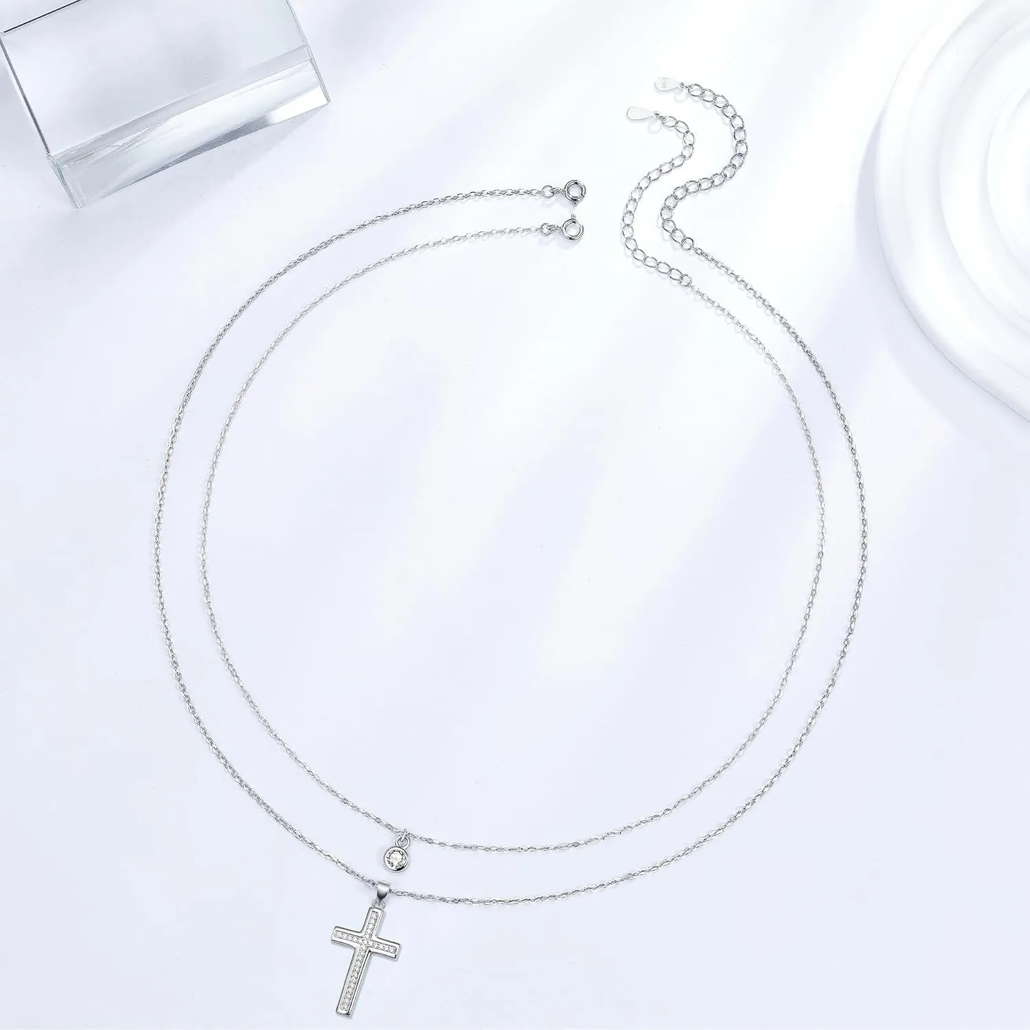 JENDEAR SHINE Dainty Layered Necklace for Women Trendy, 925 Sterling Silver Cubic Zirconia Pendant Necklace, Christmas Mother's Day Birthday Gifts for Wife Mom