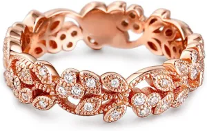 Jeulia Diamond Floral Ring Wedding Band: Sterling Silver Two Tone Leaf Carved Vintage Unique Hollow Flower Rose Gold Jewelry Engagement Bridal Sets Stackable Promise with Gift Box