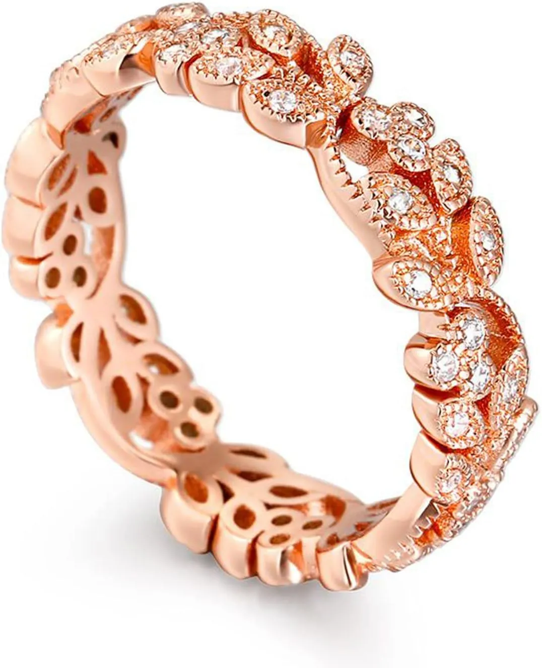 Jeulia Diamond Floral Ring Wedding Band: Sterling Silver Two Tone Leaf Carved Vintage Unique Hollow Flower Rose Gold Jewelry Engagement Bridal Sets Stackable Promise with Gift Box