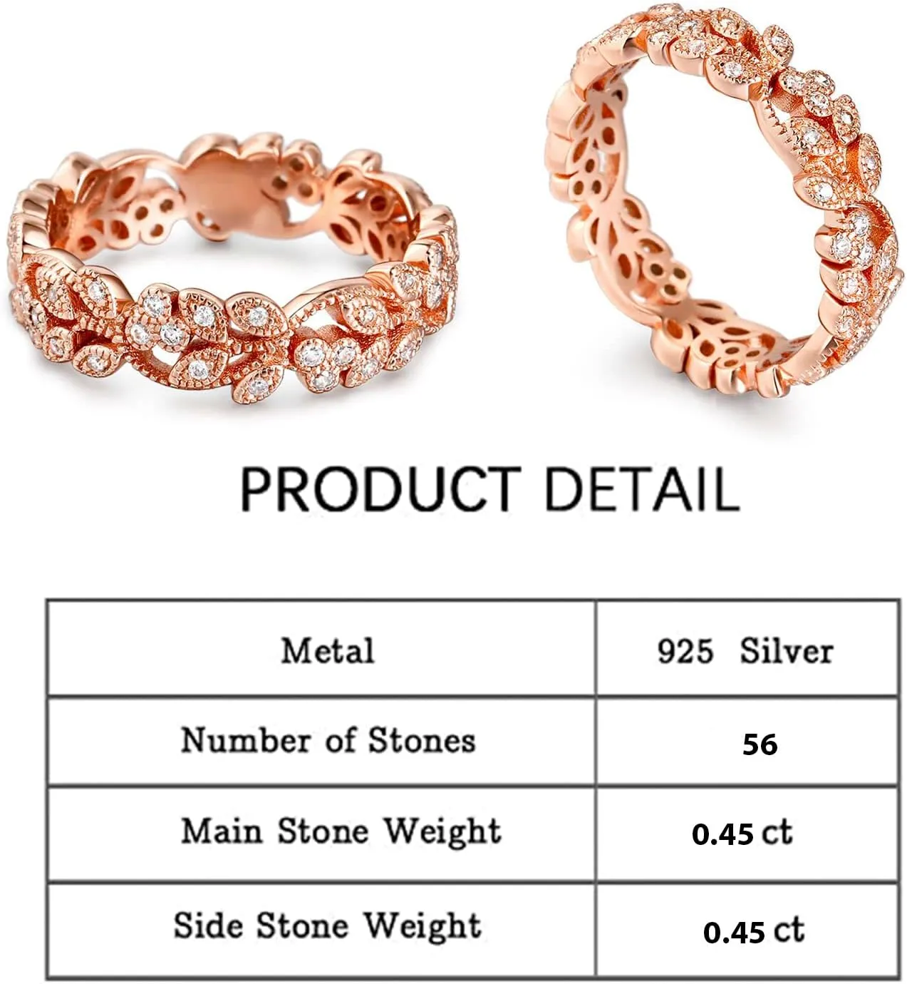 Jeulia Diamond Floral Ring Wedding Band: Sterling Silver Two Tone Leaf Carved Vintage Unique Hollow Flower Rose Gold Jewelry Engagement Bridal Sets Stackable Promise with Gift Box