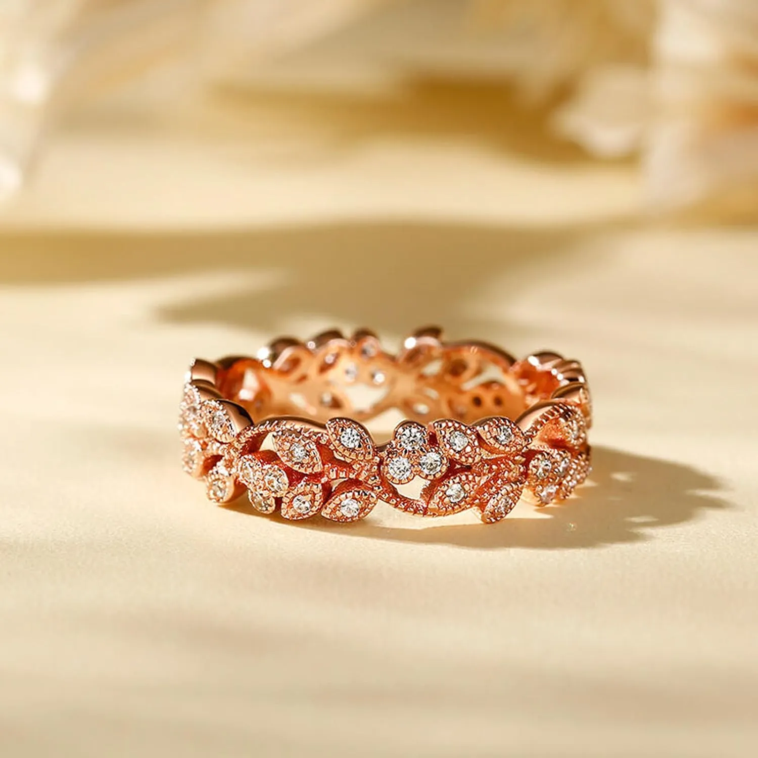 Jeulia Diamond Floral Ring Wedding Band: Sterling Silver Two Tone Leaf Carved Vintage Unique Hollow Flower Rose Gold Jewelry Engagement Bridal Sets Stackable Promise with Gift Box