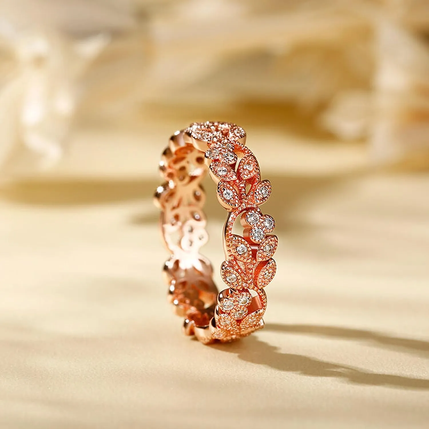 Jeulia Diamond Floral Ring Wedding Band: Sterling Silver Two Tone Leaf Carved Vintage Unique Hollow Flower Rose Gold Jewelry Engagement Bridal Sets Stackable Promise with Gift Box
