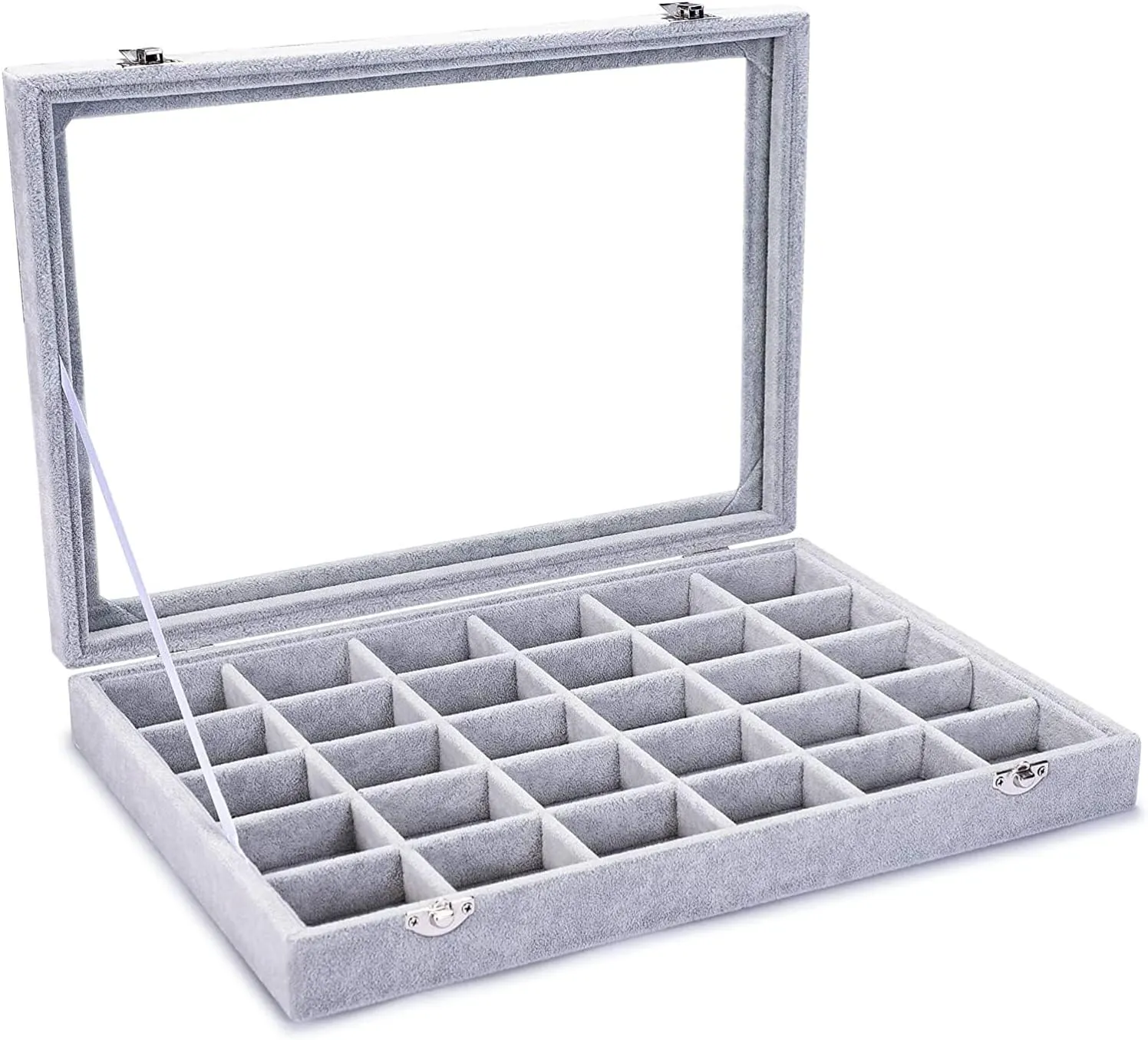 Jewelry Organizer Tray with Clear Lid 30 Grid Velvet Drawer Insert Jewelry Storage box with Glass lid Display Case Store Showcase Holder with Lock Gifts for Women(Grey, 30 Grid)