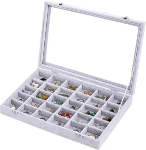 Jewelry Organizer Tray with Clear Lid 30 Grid Velvet Drawer Insert Jewelry Storage box with Glass lid Display Case Store Showcase Holder with Lock Gifts for Women(Grey, 30 Grid)