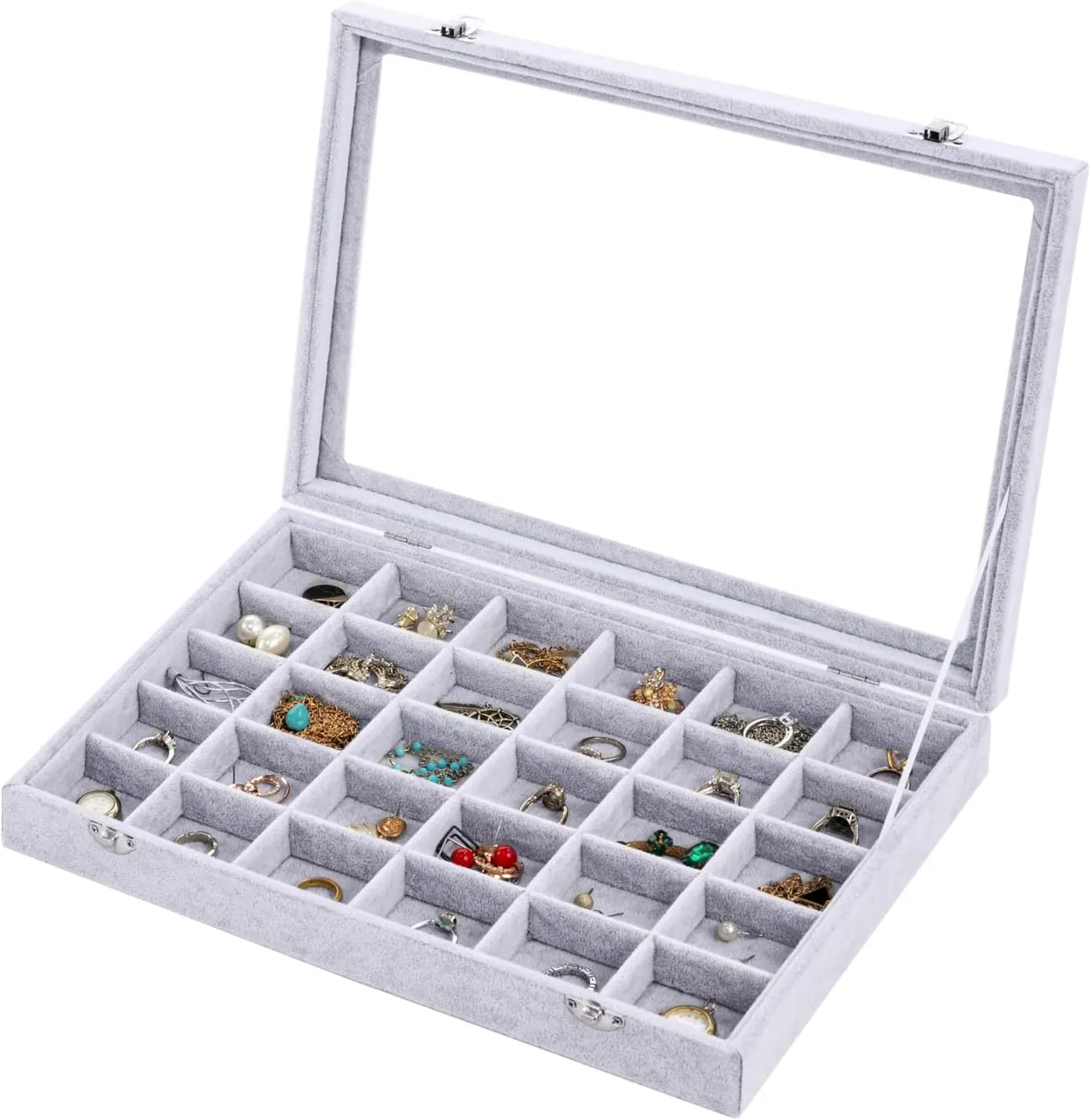 Jewelry Organizer Tray with Clear Lid 30 Grid Velvet Drawer Insert Jewelry Storage box with Glass lid Display Case Store Showcase Holder with Lock Gifts for Women(Grey, 30 Grid)