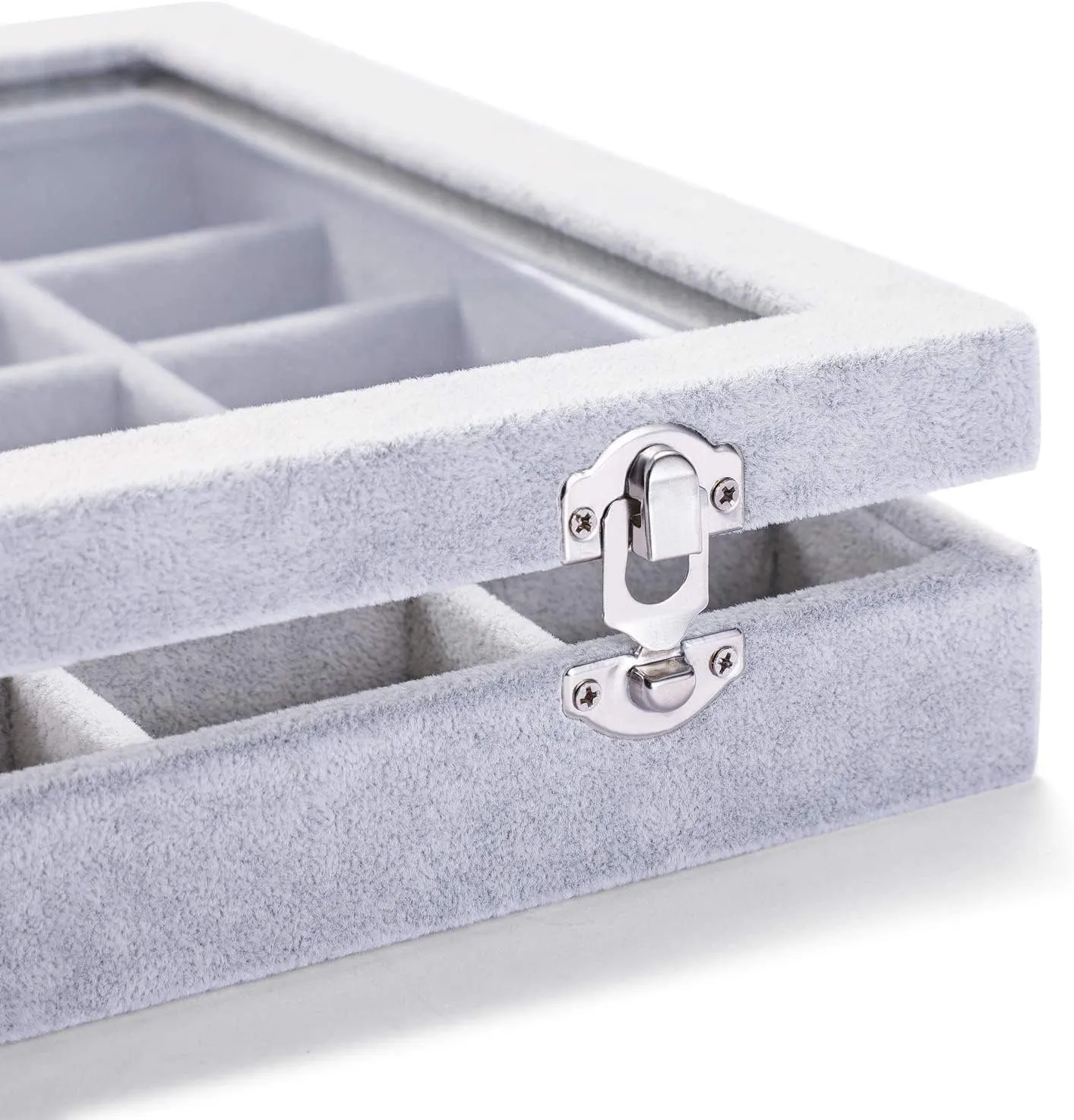 Jewelry Organizer Tray with Clear Lid 30 Grid Velvet Drawer Insert Jewelry Storage box with Glass lid Display Case Store Showcase Holder with Lock Gifts for Women(Grey, 30 Grid)