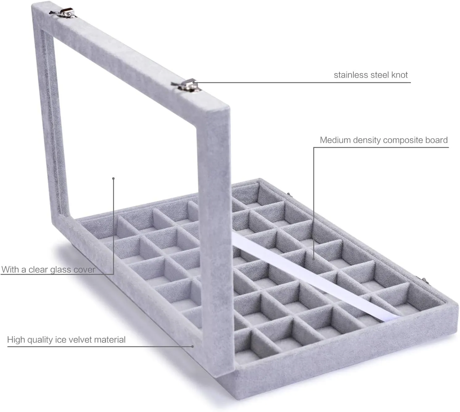 Jewelry Organizer Tray with Clear Lid 30 Grid Velvet Drawer Insert Jewelry Storage box with Glass lid Display Case Store Showcase Holder with Lock Gifts for Women(Grey, 30 Grid)